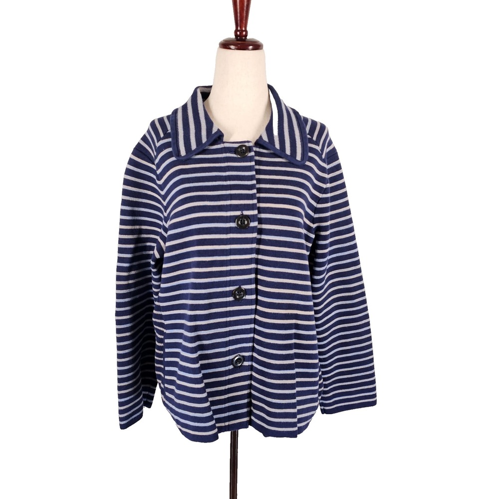 Coldwater Creek Knit Sweater Jacket Womens 1X/18 Navy Blue White Striped Pockets